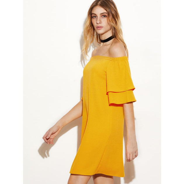 Sainaluv - Yellow Layered Bell Sleeve Off The Shoulder Dress
