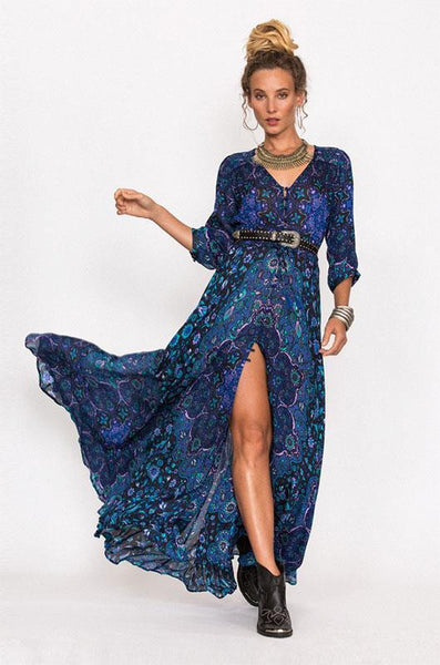 Boho Maxi Dress Navy Blue Floral "Kiss The Sky" Long Flowing Summer Go