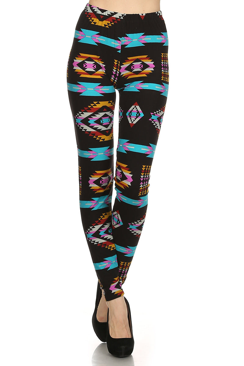 Women's Plus colorful Aztec Pattern Printed Leggings Black Pink