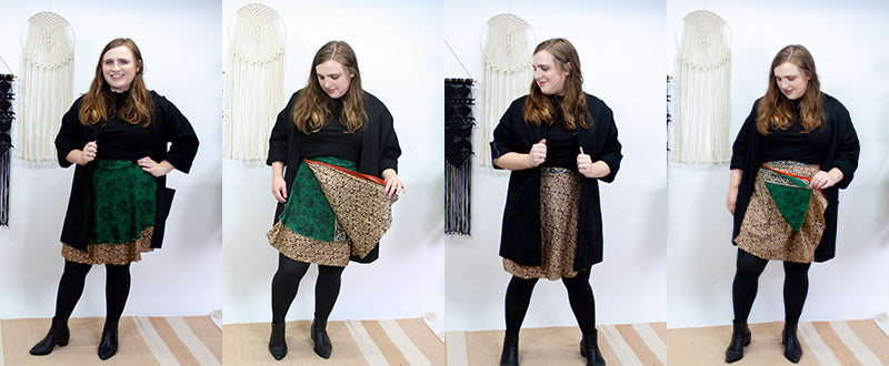 Women wearing reversible sari wrap skirt over with tights and boots and a blazer
