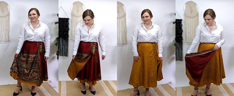 Women wearing reversible sari wrap skirt with white button up and heels