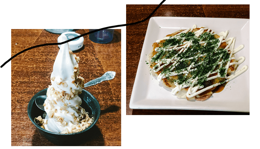 vegan Okonomiyaki and soft serve ice cream at aju osaka japan