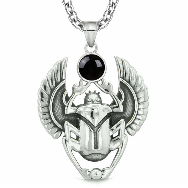 Amulet Egyptian Scarab Rebirth Magic Powers Punk  Stainless Steel Black Onyx Pendant animal Necklace