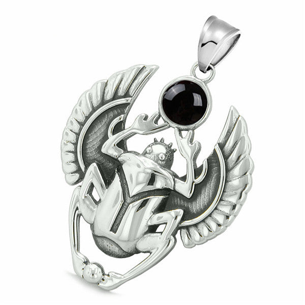 Amulet Egyptian Scarab Rebirth Magic Powers Punk  Stainless Steel Black Onyx Pendant animal Necklace