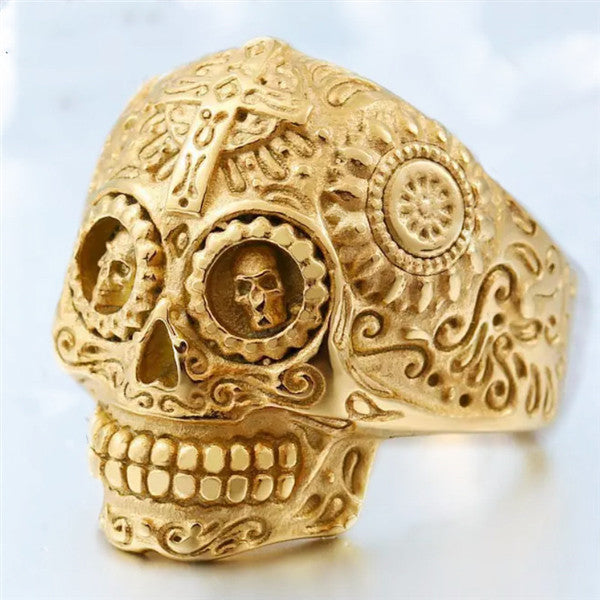 Gothic cross men ring gold biker party viking punk stainless steel jewelry skull ring 01