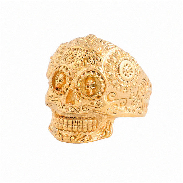 Gothic cross men ring gold biker party viking punk stainless steel jewelry skull ring 01