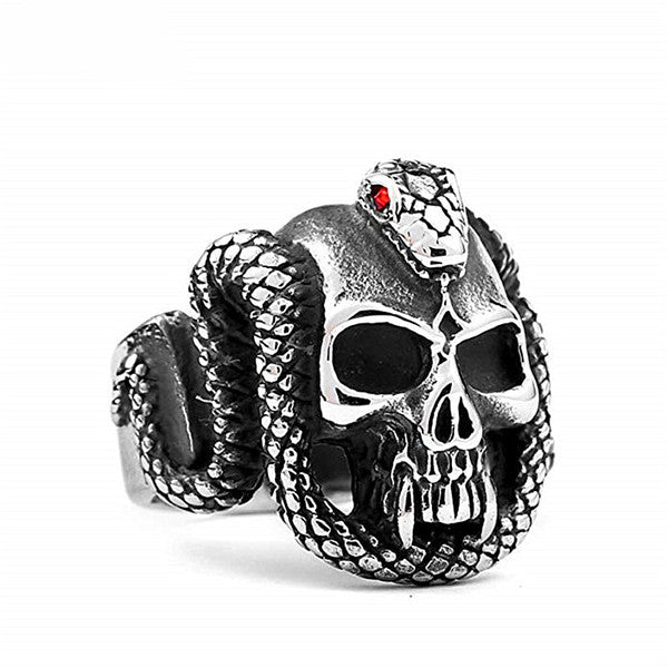 Vintage Devil snake Ring red Stone biker viking jewelry punk Stainless steel skull ring 01