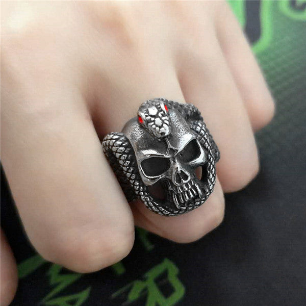 Vintage Devil snake Ring red Stone biker viking jewelry punk Stainless steel skull ring 01