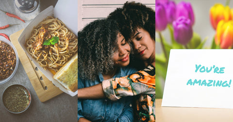 Collage of food, friends hugging, and card and flowers