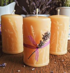 beeswax candles with lavender design