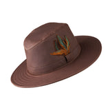 Wax explorer fedora style brown summer rain hat with feathers