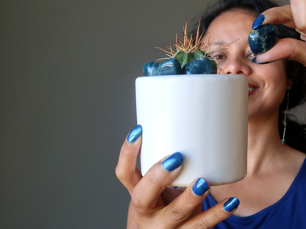 sheila of satin crystals placing blue apatite tumbled stones in a potted cactus plant