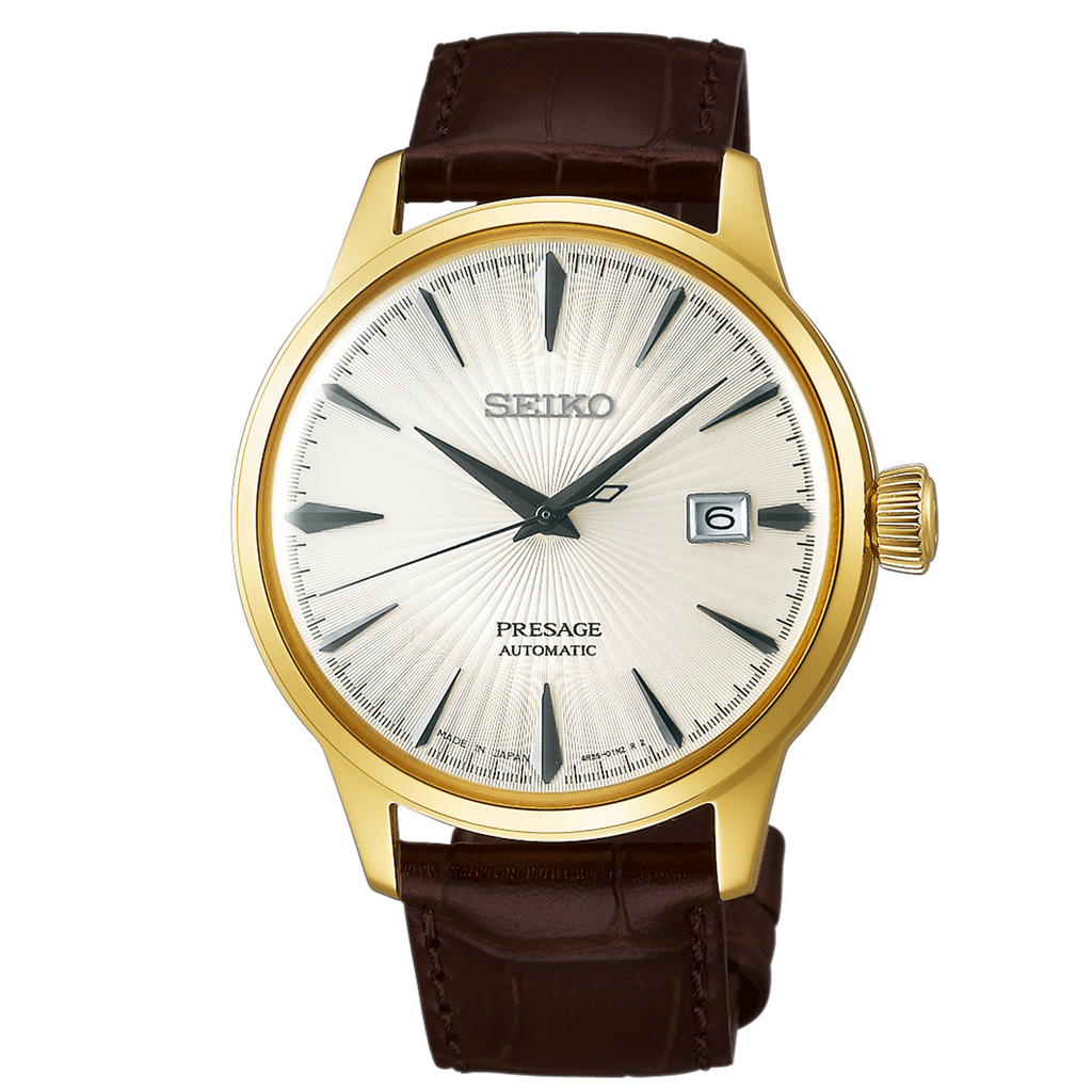 Seiko Presage Automatic - Cocktail Time Gold Tone With Brown Leather ...