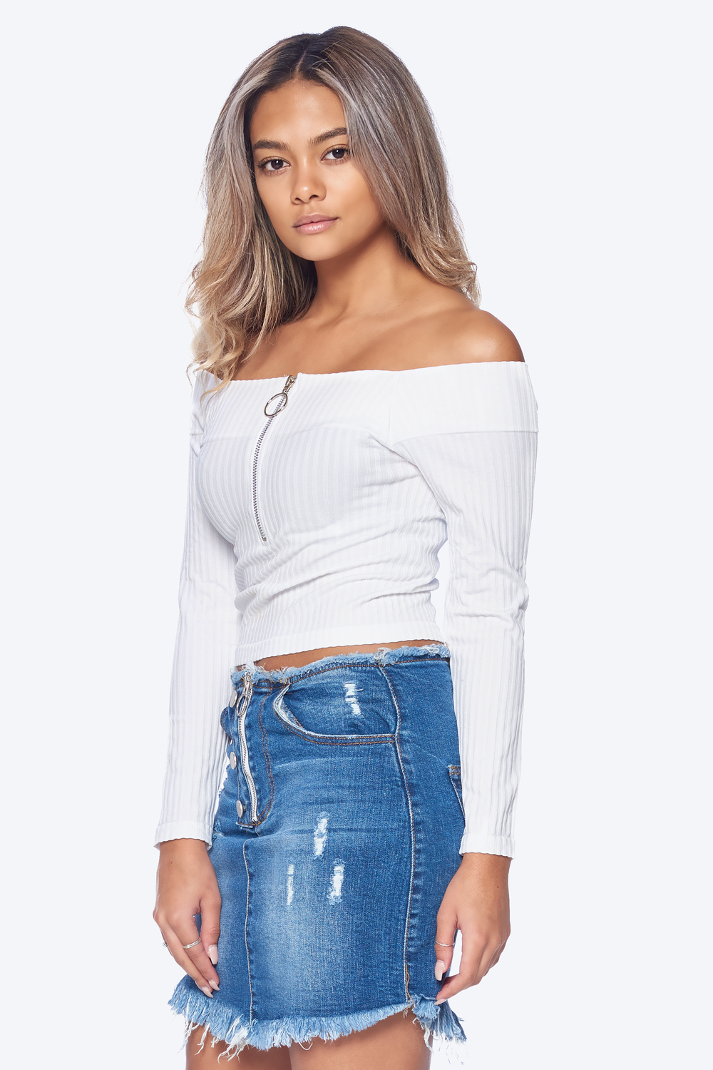 Off Shoulder Ribbed Zip-Front Long Sleeve Top - LOVEMODA