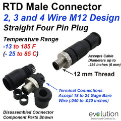 RTD M12 Connector Male Straight 4 Pin Round Body Design