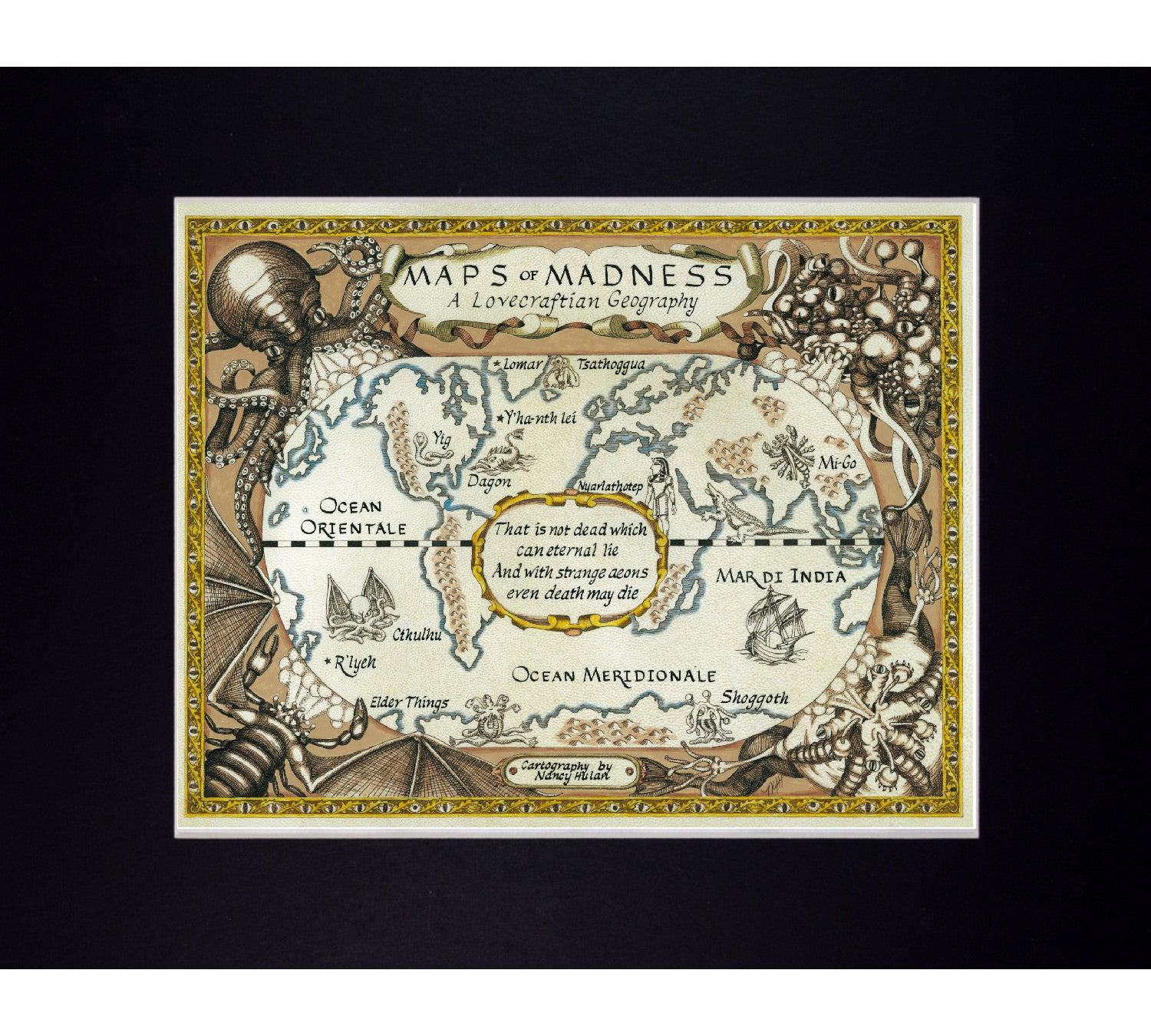 HP Lovecraft Quote and Cthulhu Map, in Antique Style, Strange Aeons - ArteOfTheBooke