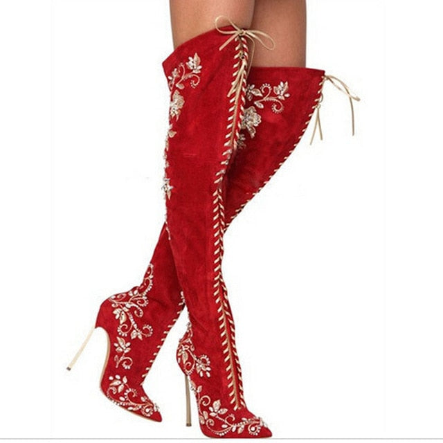 Toe Rhinestone Pointed Knee Girls High Woman The Boots Long Up Women Embroidery Over Sestito Female Heels Shoes Lace thCsQxrBd