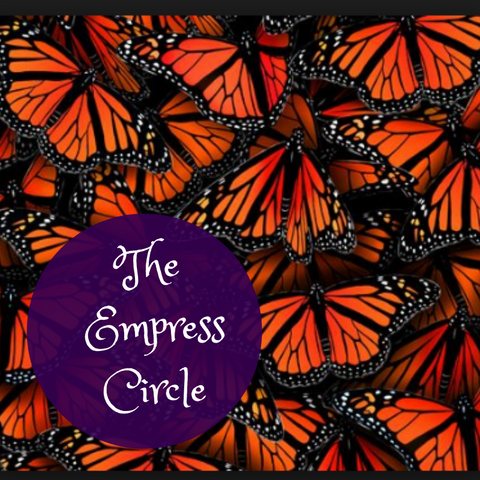 A cluster of monarch butterflies with a purple circle in lower left hand corner with the words "The Empress Circle"