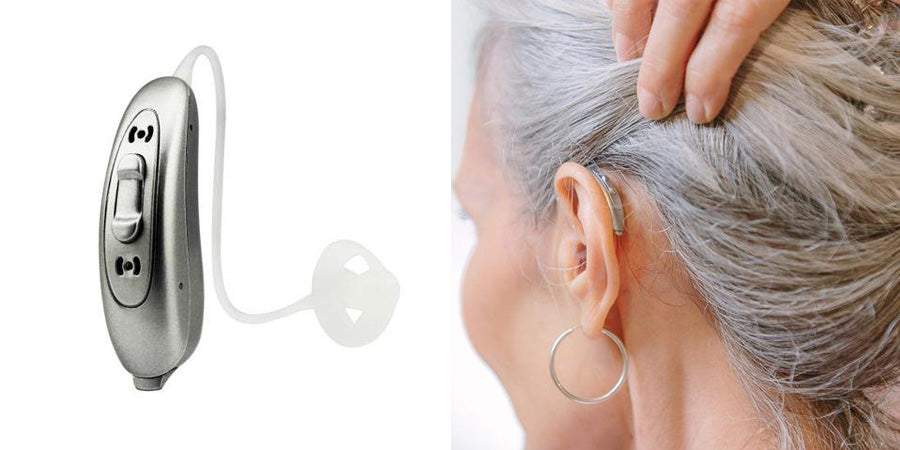 Old woman wearing a hearing aid