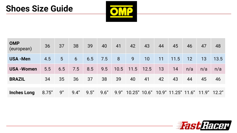 OMP Shoes Size Chart