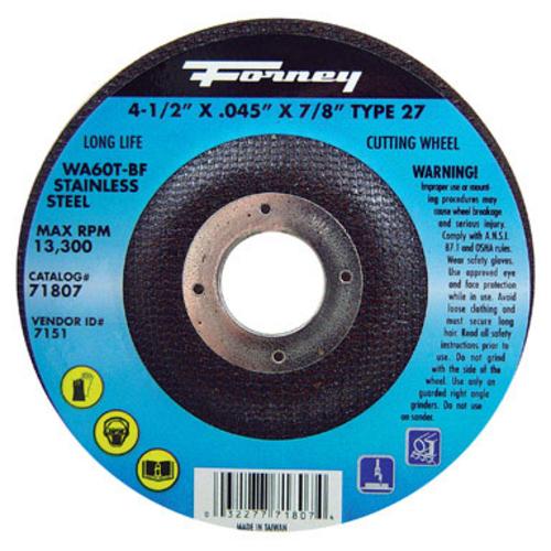 Forney Industries 71807 Cutting Wheel 4-1/2" X 0.045 X 7/8" - Stainless Steel Forney Industries 71807 Cutting Wheel 4-1/2" X 0.045 X 7/8" - Stainless Steel
