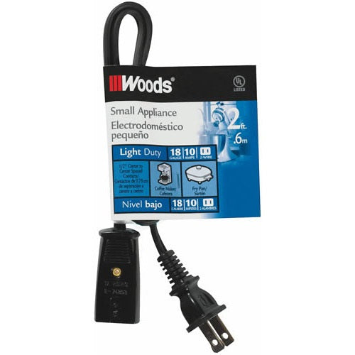 Woods 0293 Mini Plug Appliance Cord, 2', Black