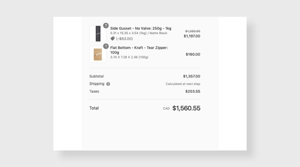 Screenshot of cart page with product options