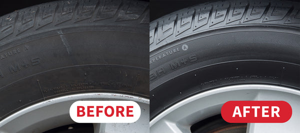 Before and after tire cleaning close-up