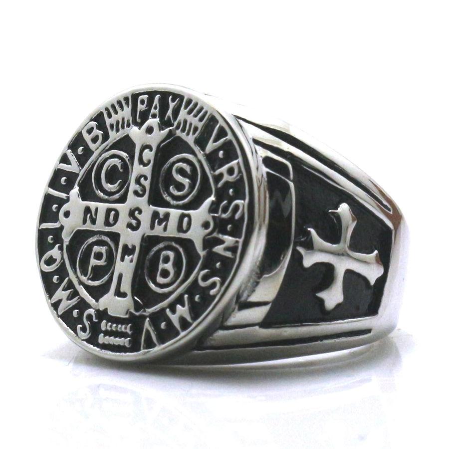 Saint Benedict Medal cssml ndsmd Knights Templar Black Silver Ring ...