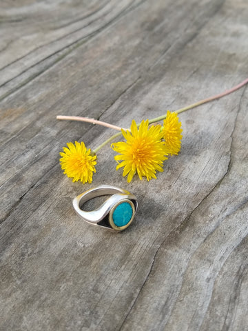 one of a kind silver and turquoise ring with dandelions
