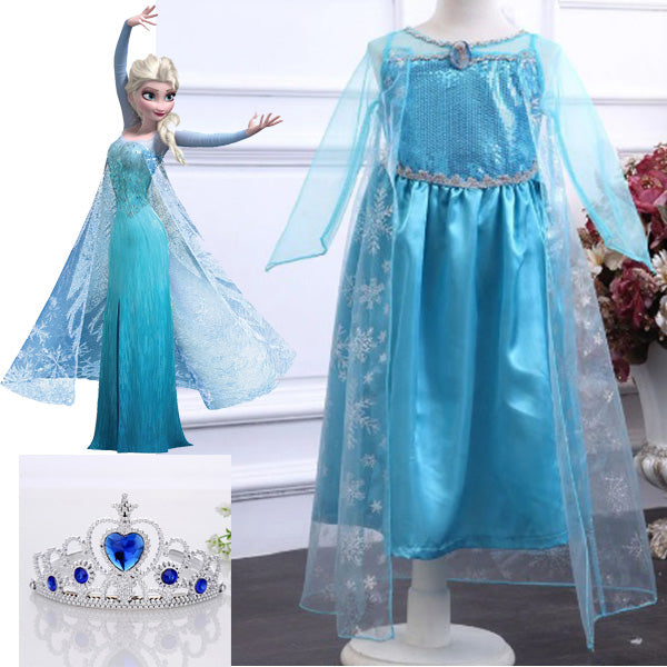 Vestido Longo Festa Infantil Elsa Frozen Luxo + Coroa + Anel