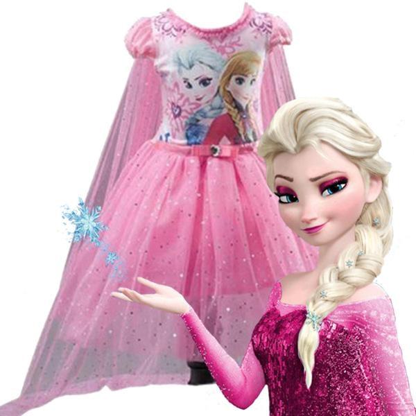 Vestido Festa Infantil Rosa Frozen 2 Elsa +capa +coroa +anel