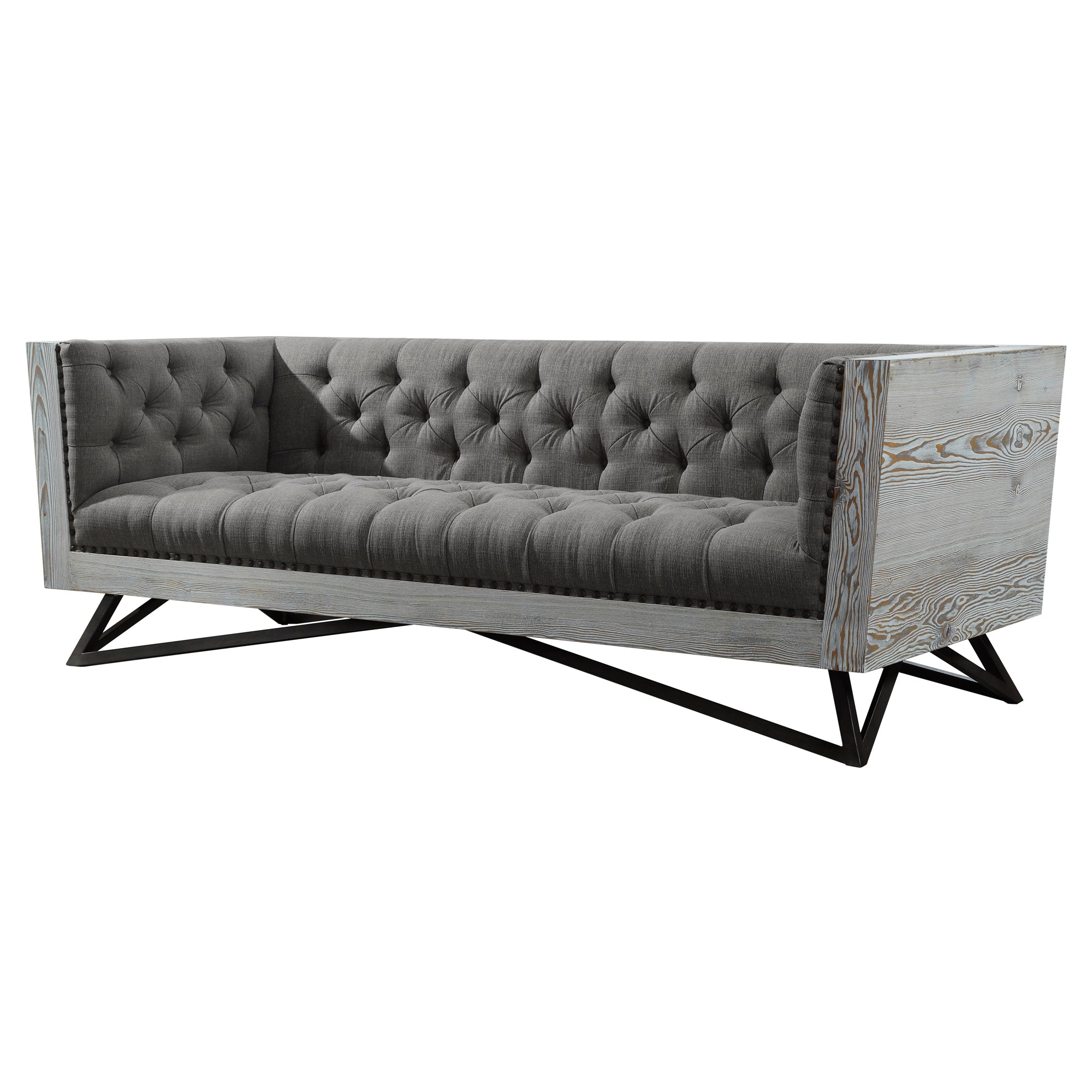 Armen Living Lcre3gr Regis Contemporary Sofa In Grey Fabric With Black Metal Finish Legs And Antique Brown Nailhead Accents