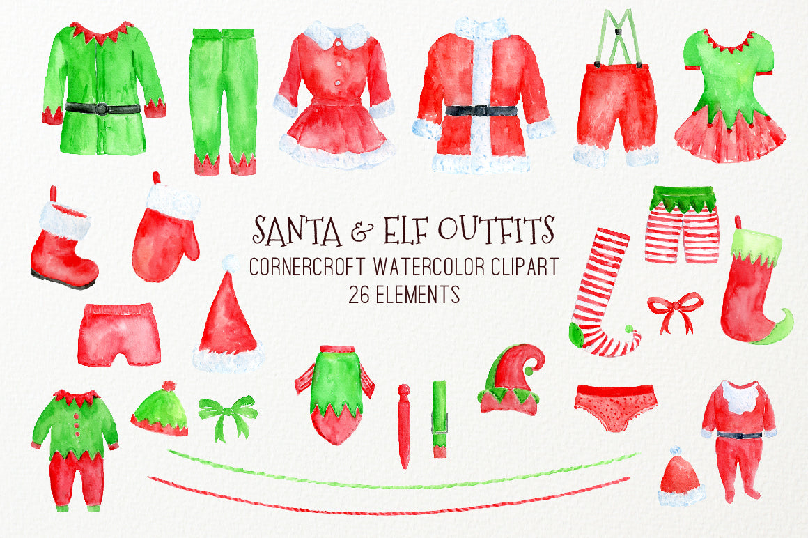Watercolor Clipart Christmas Santa Outfit, Elf Outfit on Washing Line ...