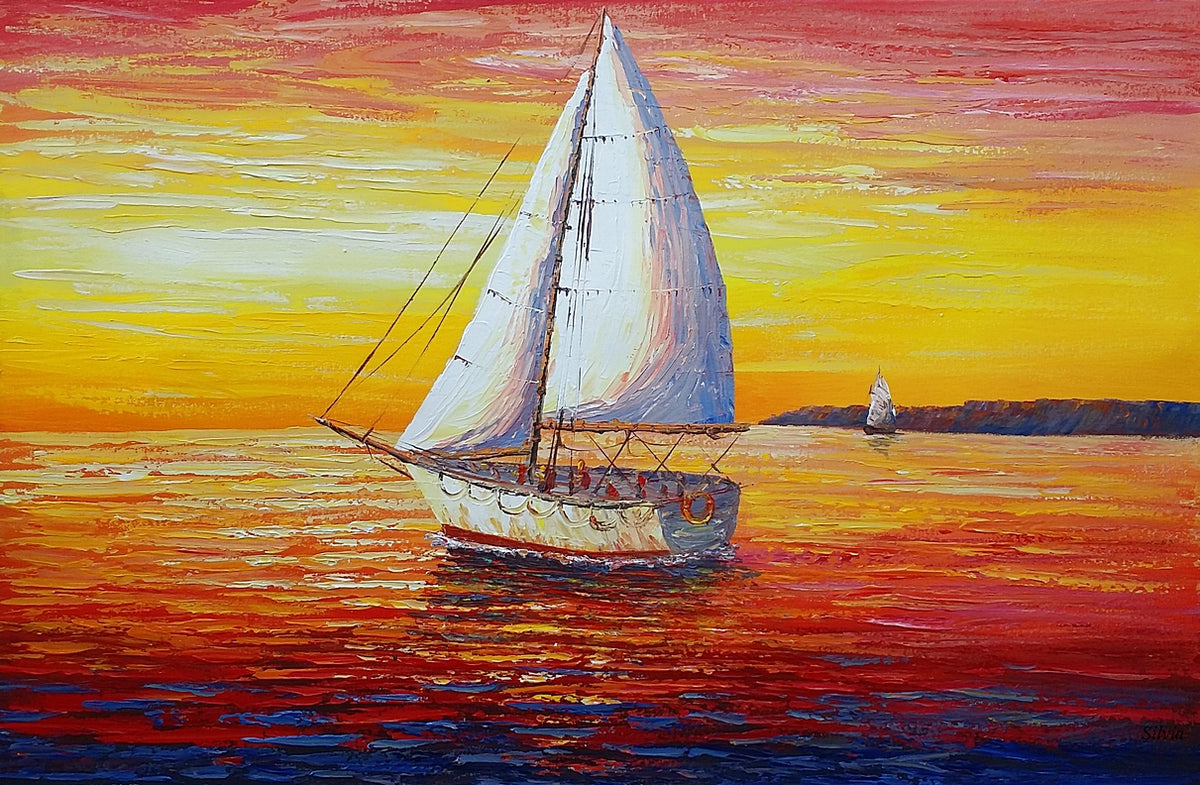 Seascape, Sail Boats at Sea, Oil Painting, Palette Knife