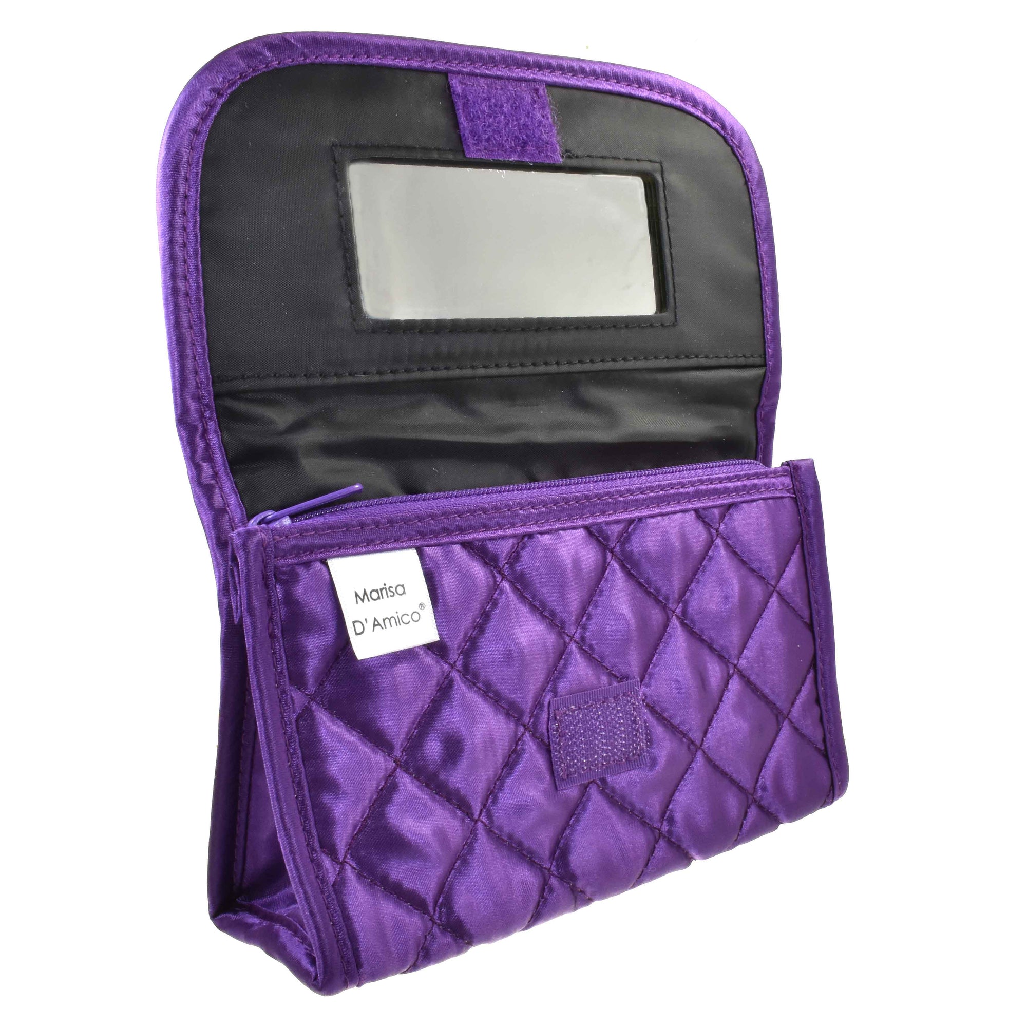 Cosmetic Bag with a Mirror, Small Size (6.25&quot;), Quilted Satin, Purple - Marisa D&#39;Amico Designs