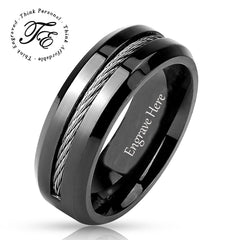 engraved mens stainless steel ring with wire insert