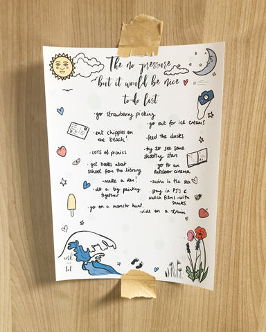summer to do list on colourful illustrated paper, taped onto a cupboard front