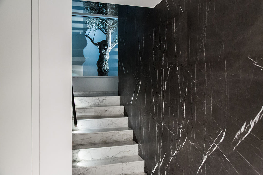 Grey Stone Wall Cladding and staircase in white marble luxury stairs