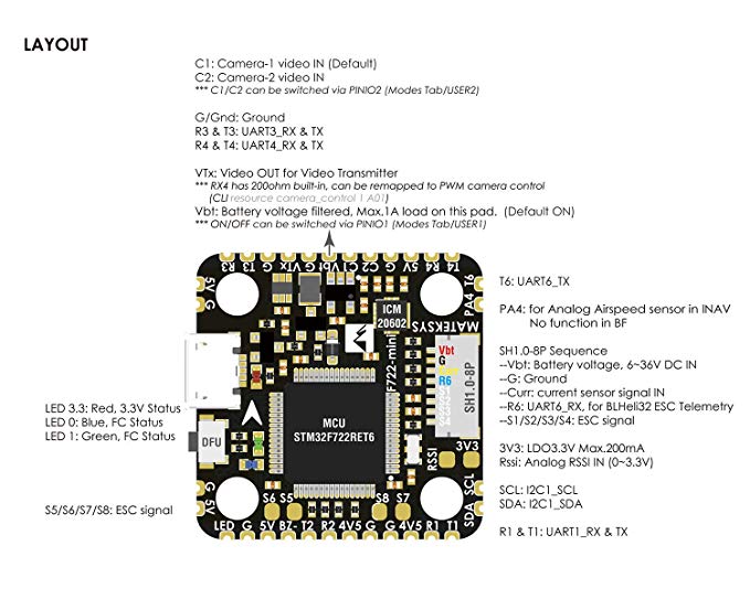 Makerfire Mateksys Controlador de vuelo F722-Mini OSD Dual Gyro/Acc 32M Flash 5V/2A BEC Black Box para RC Dron de carreras con visión en primera persona