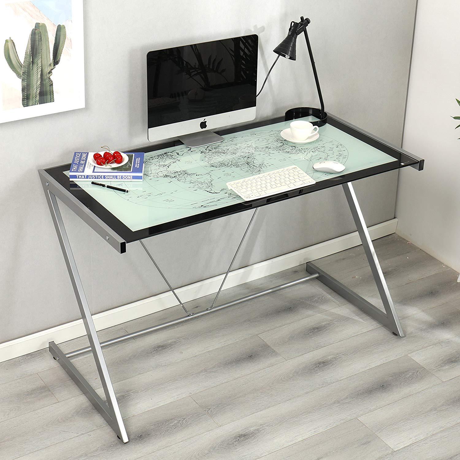 Columbus World Map Tempered Glass Desk With Silver Frame Daal S