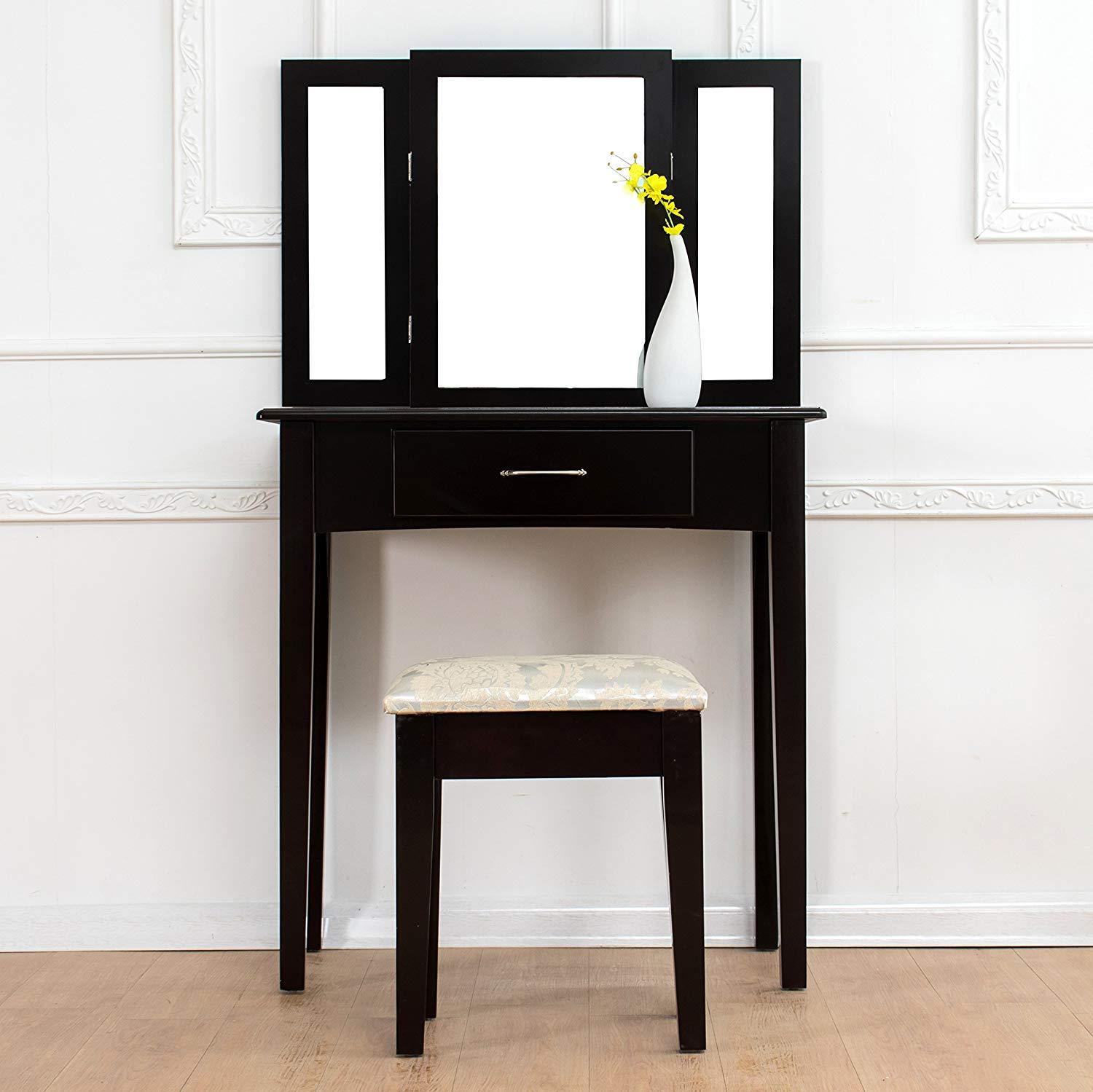 Triple Mirrors Dressing Table Set with Stool, Black - DaAl's